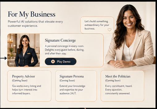 The For My Business persona suite: Signature Concierge, Property Advisor, Signature Persona, and Meet the Politician.