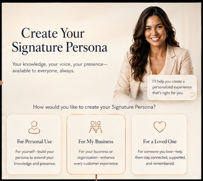 A creator speaking to an audience while their Signature Persona greets viewers on screen.