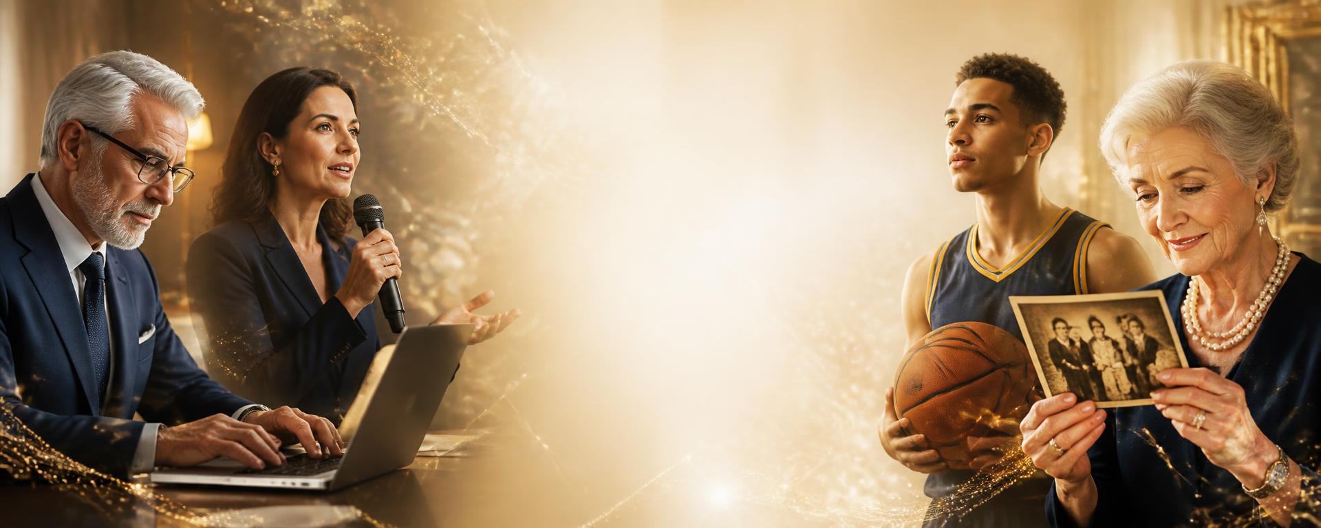 A businessman, a speaker, an athlete, and a grandmother in warm golden light.